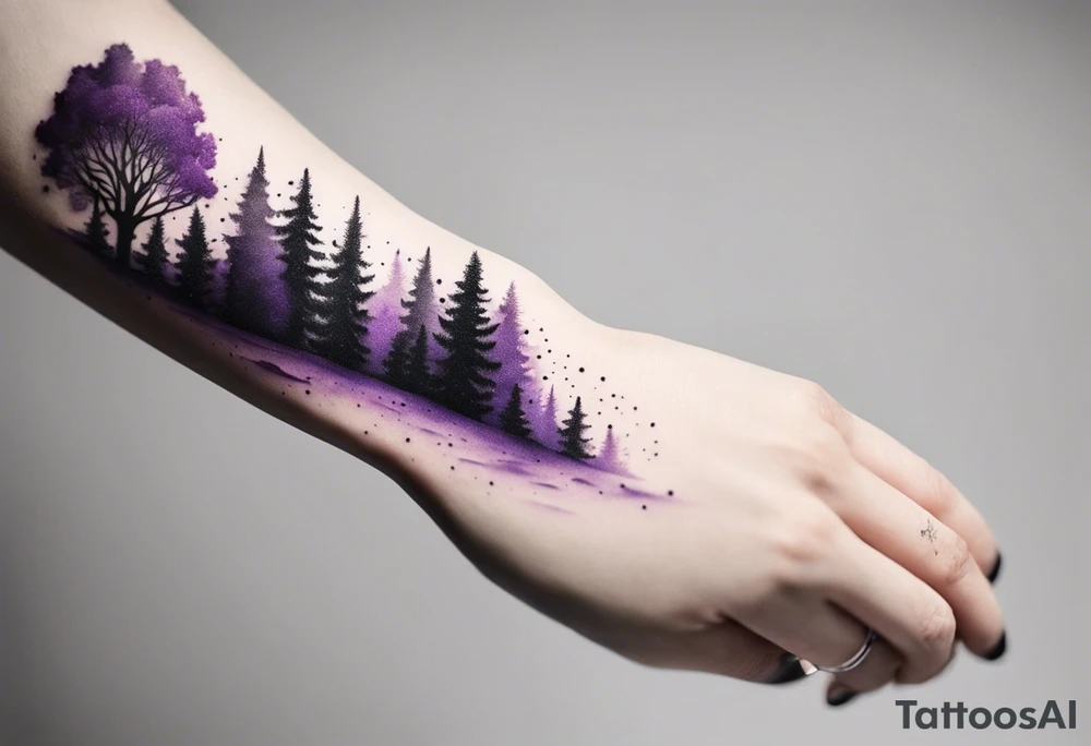forest, purple and black, covered from wrist to forearm, fully covered, no borders, blackwork tattoo idea