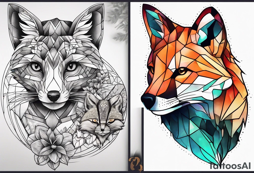 Tattoo incorporating a turtle, a fox, a koala, and a cat. tattoo idea