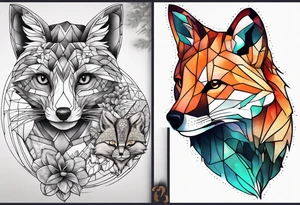 Tattoo incorporating a turtle, a fox, a koala, and a cat. tattoo idea