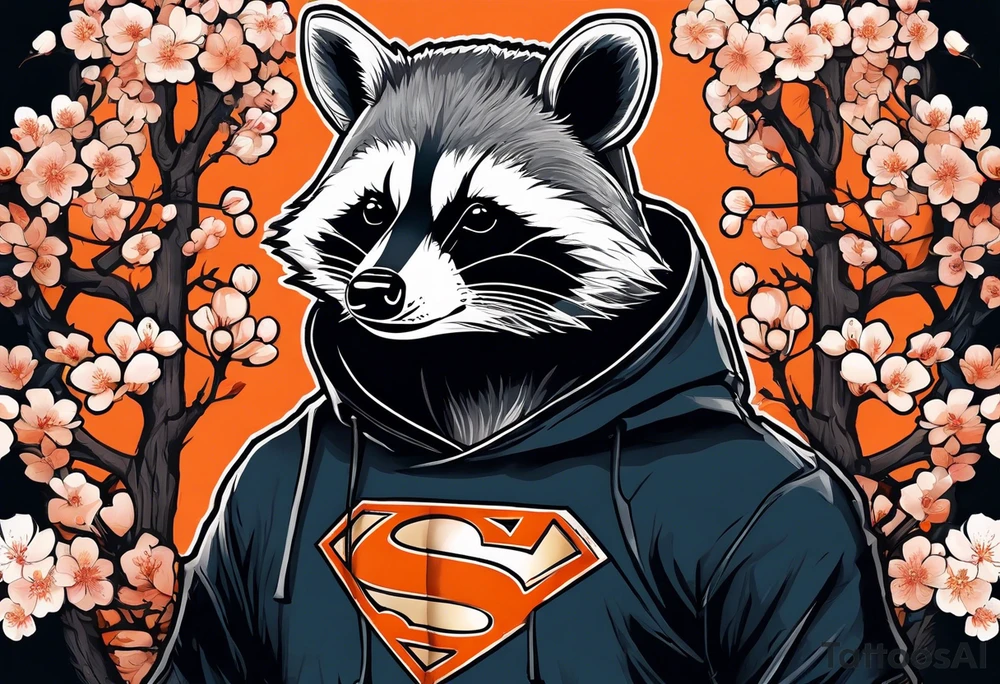 Raccoon wearing a white Superman logo on a black hoodie and orange Japanese cherry blossoms tattoo idea
