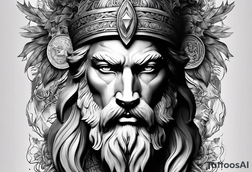 greek god zeus, full sleeve, attractive female face with wolf headress, chemical formula for protein, wolf tattoo idea