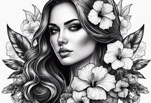 a full body female skeleton with hibiscus flower. tattoo idea