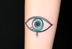 Large outline of an almond shaped eye with an ace of spades for the eyeball center colored greenish blue with a crescent moon stars and clouds inside vivid colors blue green purple tattoo idea