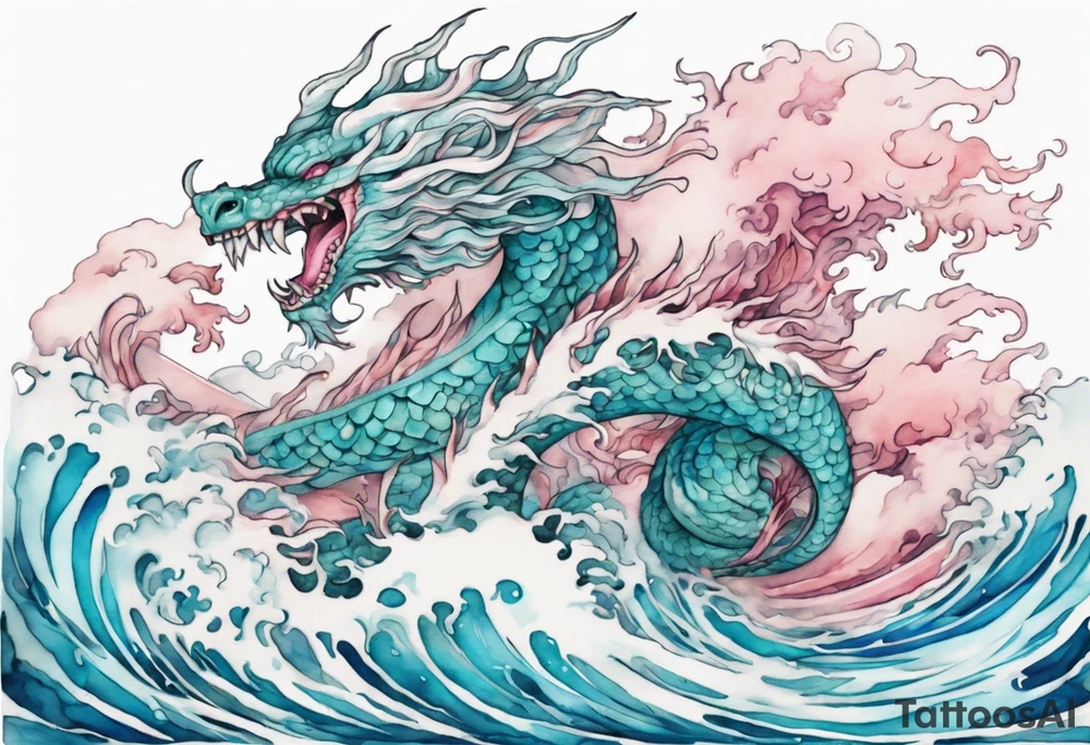 a beautiful turquoise pink and white Tiamat rising from the blue waves of the ocean tattoo idea