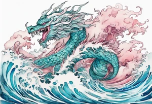 a beautiful turquoise pink and white Tiamat rising from the blue waves of the ocean tattoo idea