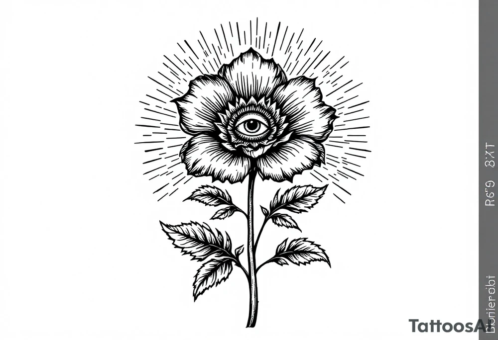 A long flower with stalk and leaves and with the centre being an eye and around the petals having black sunrays tattoo idea