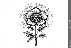 A long flower with stalk and leaves and with the centre being an eye and around the petals having black sunrays tattoo idea