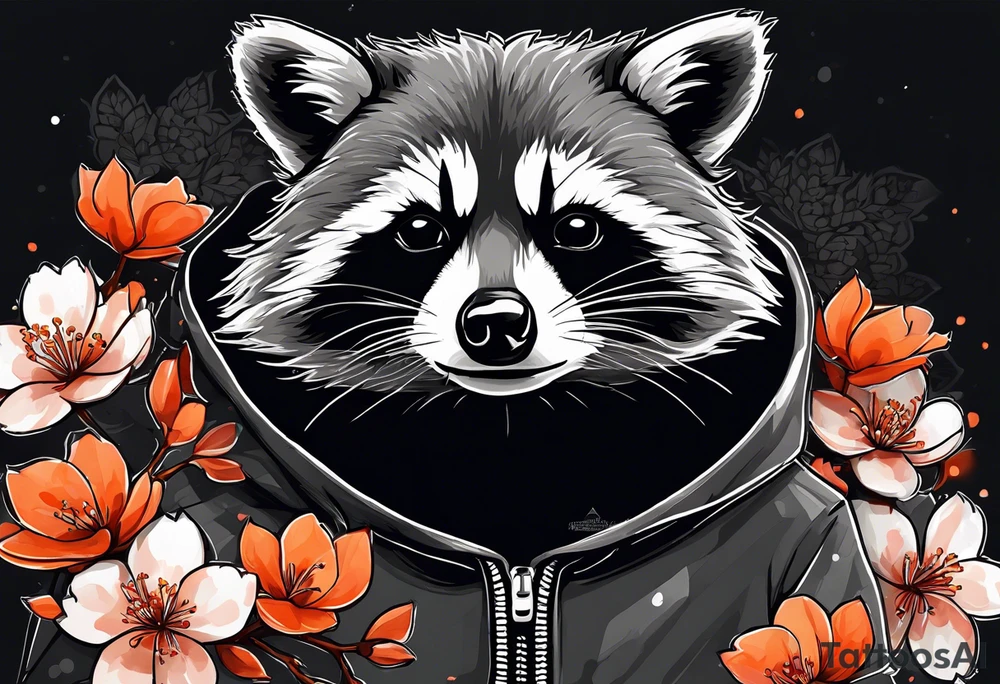 Raccoon wearing a white Superman logo on a black hoodie and orange Japanese cherry blossoms beside tattoo idea