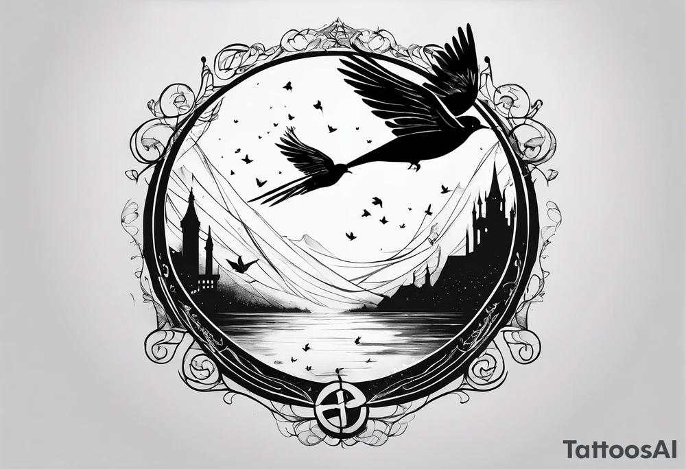 the little prince flying with birds that turn into Tris from Divergent Bird tattoo, that turns into the mockingjay, that turns into the deathly hallows symbol tattoo idea