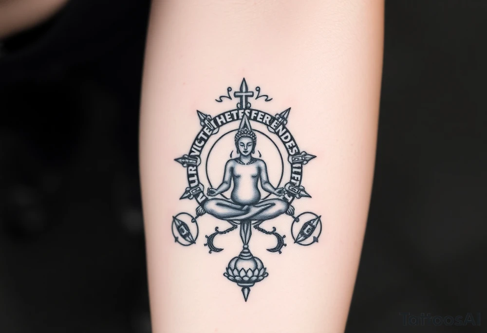 A symbol of victory over enemies surrounded by symbols of meditation and a new life tattoo idea