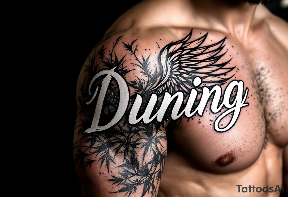 Dunning, Details include on left arm, name in white color,angel wing, wet jungle leaves,cool font, galaxy background filling, tattoo idea