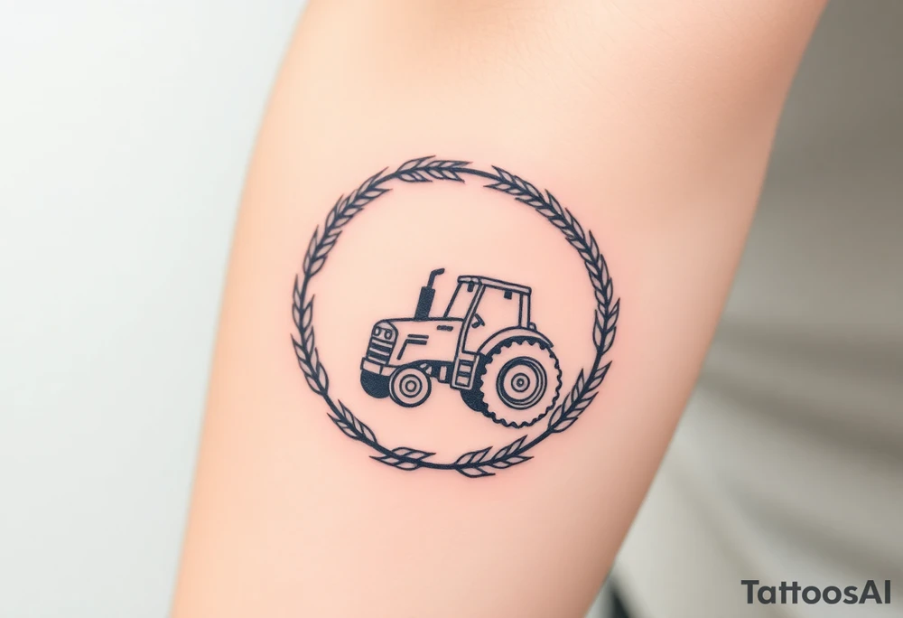 A tractor framed by a circular wreath of wheat and corn stalks, representing abundance and harvest. tattoo idea