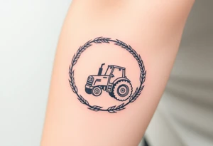 A tractor framed by a circular wreath of wheat and corn stalks, representing abundance and harvest. tattoo idea