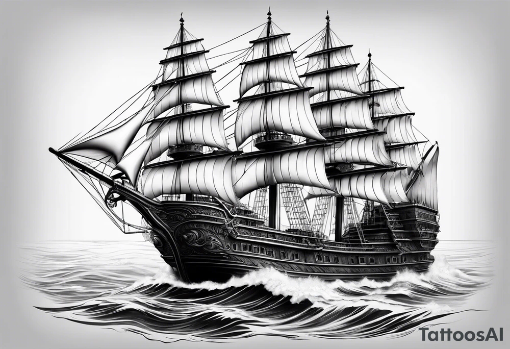 royal huge dark wooden ship 3D with sun tattoo idea