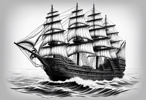 royal huge dark wooden ship 3D with sun tattoo idea