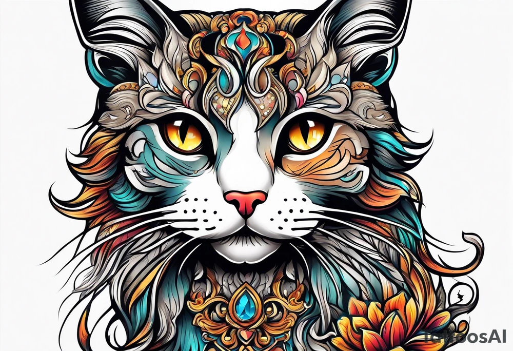 Long hair cat Maine coon, regal, face tattoo idea