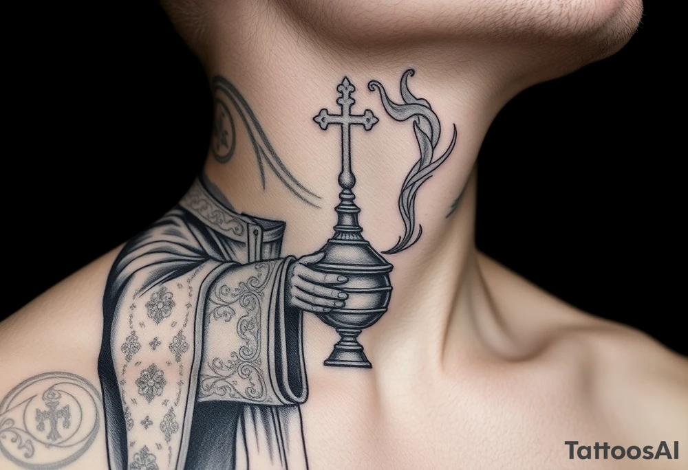 A Russian Orthodox Priest in full gold vestments swinging a censer with smoke curling upward 

The ornate robes give incredible fine line detail
The incense smoke could flow and connect to other elements
It ties directly into the church and Virgin Mary you already have
Very culturally authentic to the overall theme tattoo idea