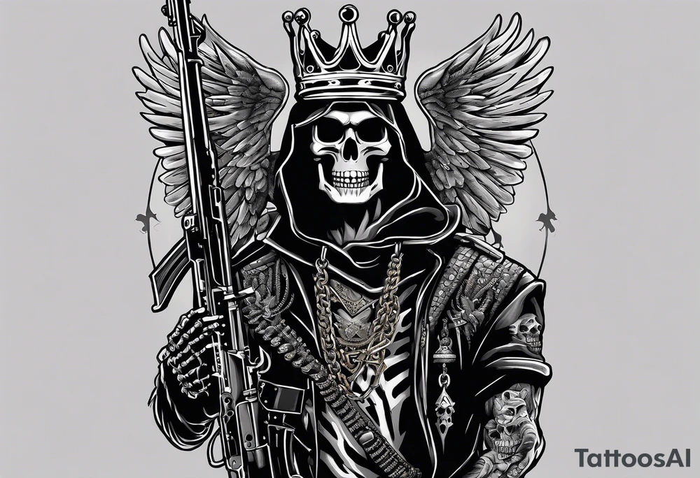image of a skeleton standing frontally with a crown on his head, holding an AK-47 on his shoulder with his right hand. The chain on the left should be taut, there are three angry barking Dobermans in it, near the waist tattoo idea