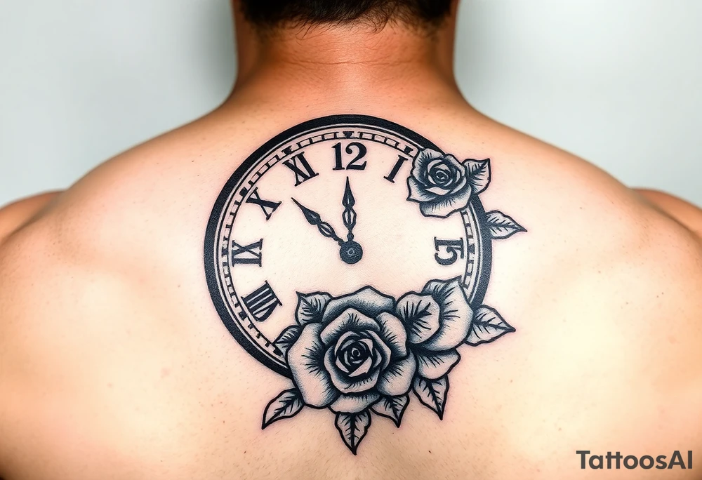 Clock showing 12:56 with rose stencil tattoo idea