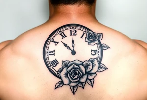 Clock showing 12:56 with rose stencil tattoo idea