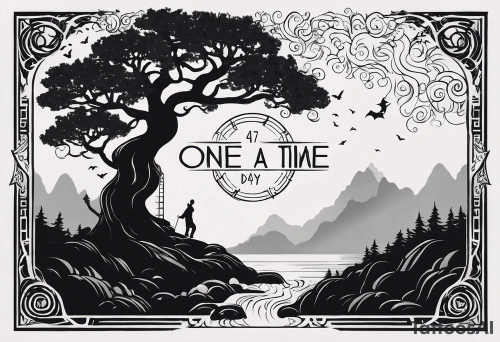 in vertical line, there is a tree with the roots like stairs, where a dragon is coming up, as well somewhere there are some wings, and the words "One day at a time" with the date 4.14.24 tattoo idea