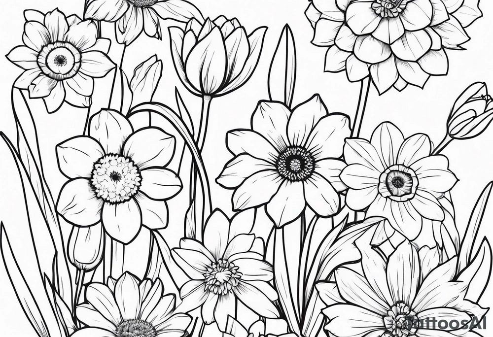 Small daffodils gerberas and tulips tattoo idea