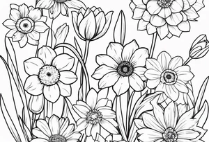 Small daffodils gerberas and tulips tattoo idea