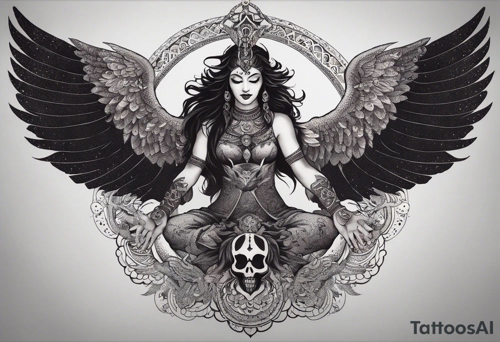 black kali, goddess pirate, alien, angel, pachamama, valkrye, warrior, flying, skull, lotus azul, wing, eagle, zenza resonance, stars, 5D, anahata chakra, death, durga, riding on a tiger, flying lady, chest tatoo tattoo idea