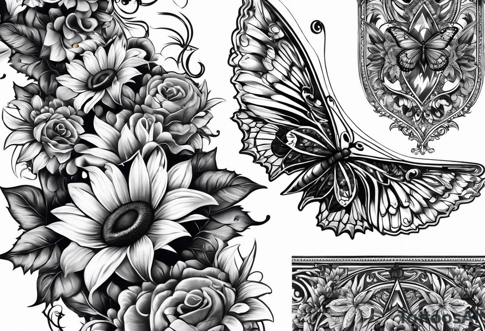 Arm sleeve with Winged cross with sunflower and butterflies tattoo idea