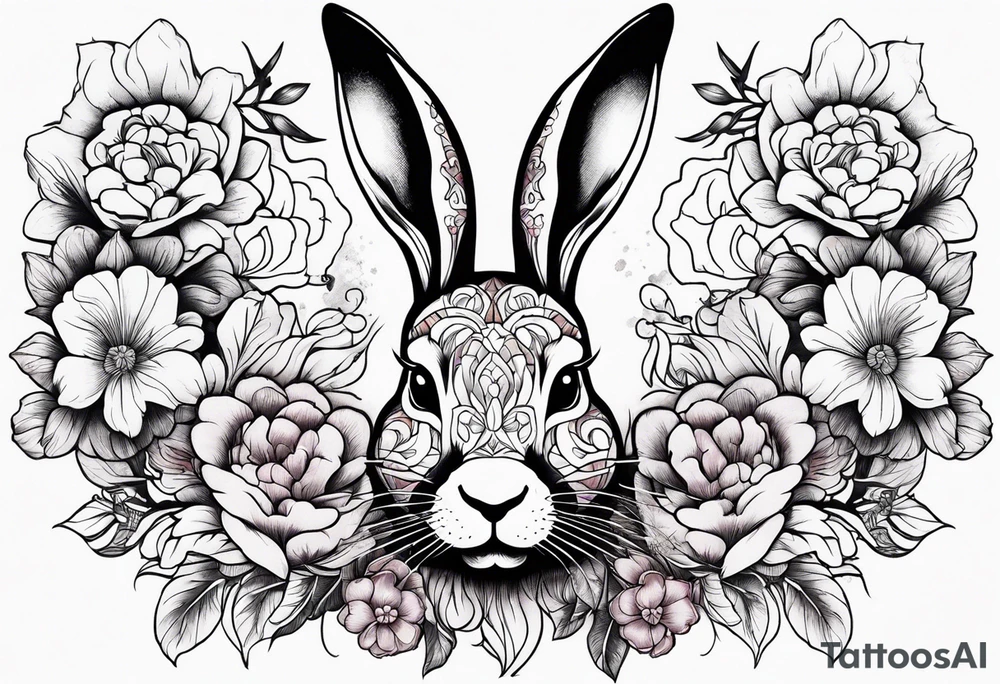 Rabbit head and flowers tattoo idea