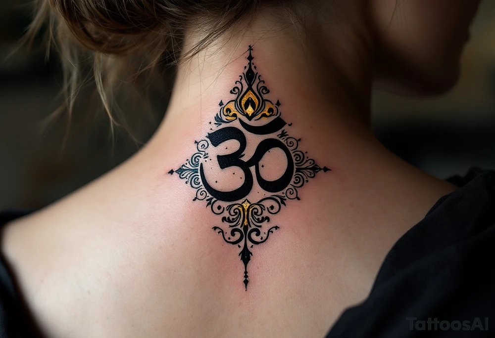Mantra "Om Mani Padme Hum" in black ink with gold accents, expressing the essence of compassion. tattoo idea