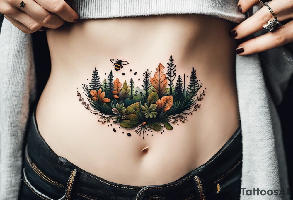 minimalistic forest floor inspired tattoo, which includes grass, moss, curly ferns and dead leaves as the bulk of the tattoo. details to include: forest berries, couple of very small brown mushrooms, a tiny bumblebee flying nearby tattoo idea