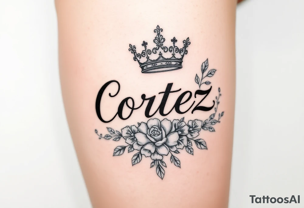 The name Cortez surrounded by floral design and a crown tattoo idea
