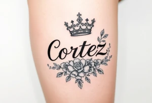 The name Cortez surrounded by floral design and a crown tattoo idea