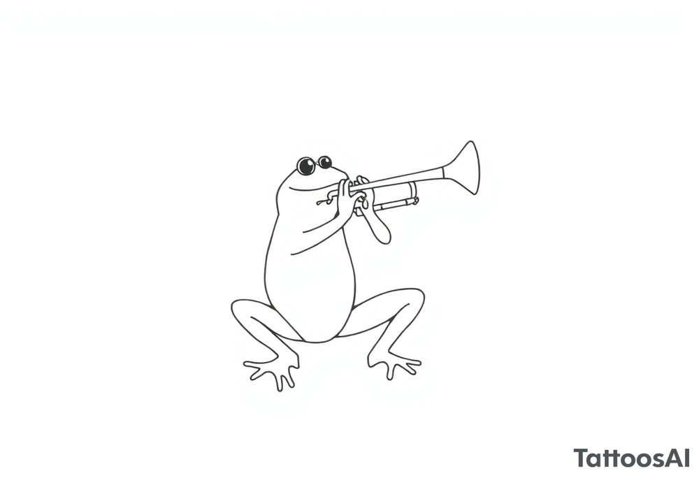 Draw a single continuous line drawing of a frog playing a trumpet, where the entire image is created using only one unbroken black line, with no lifting of the pen and no separate lines. The line must flow smoothly and clearly form the frog and trumpet , minimalist style. The frog should be , in a jazzy or playful pose, holding and playing the trumpet. No shading, no extra strokes, no background — just one elegant, fluid, uninterrupted line on a white canvas. tattoo idea