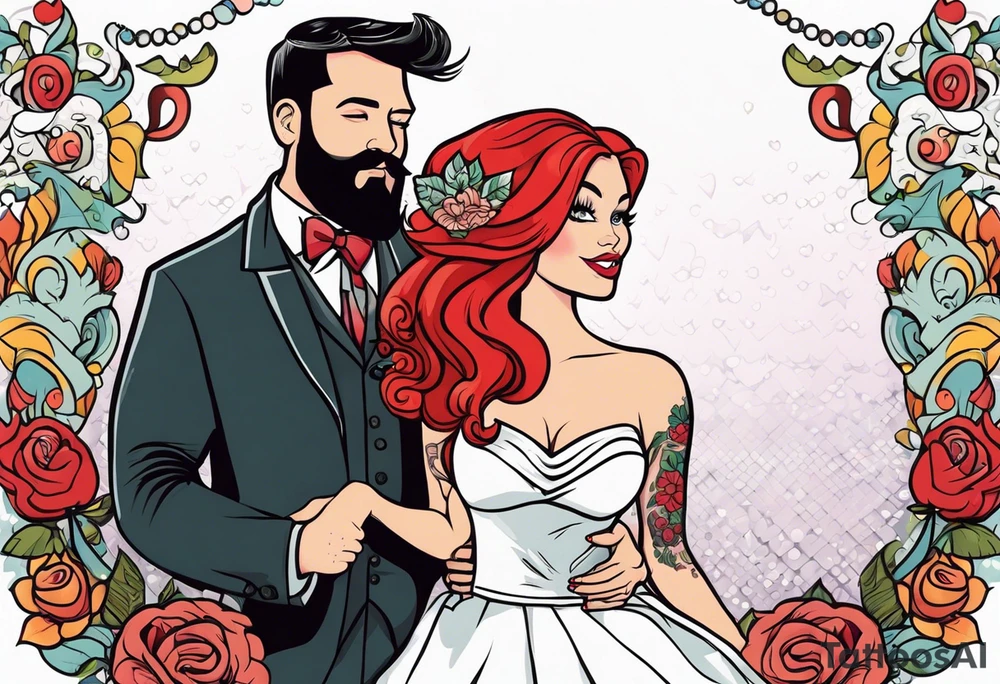 Busty red haired woman with a bearded man who has black hair getting married tattoo idea