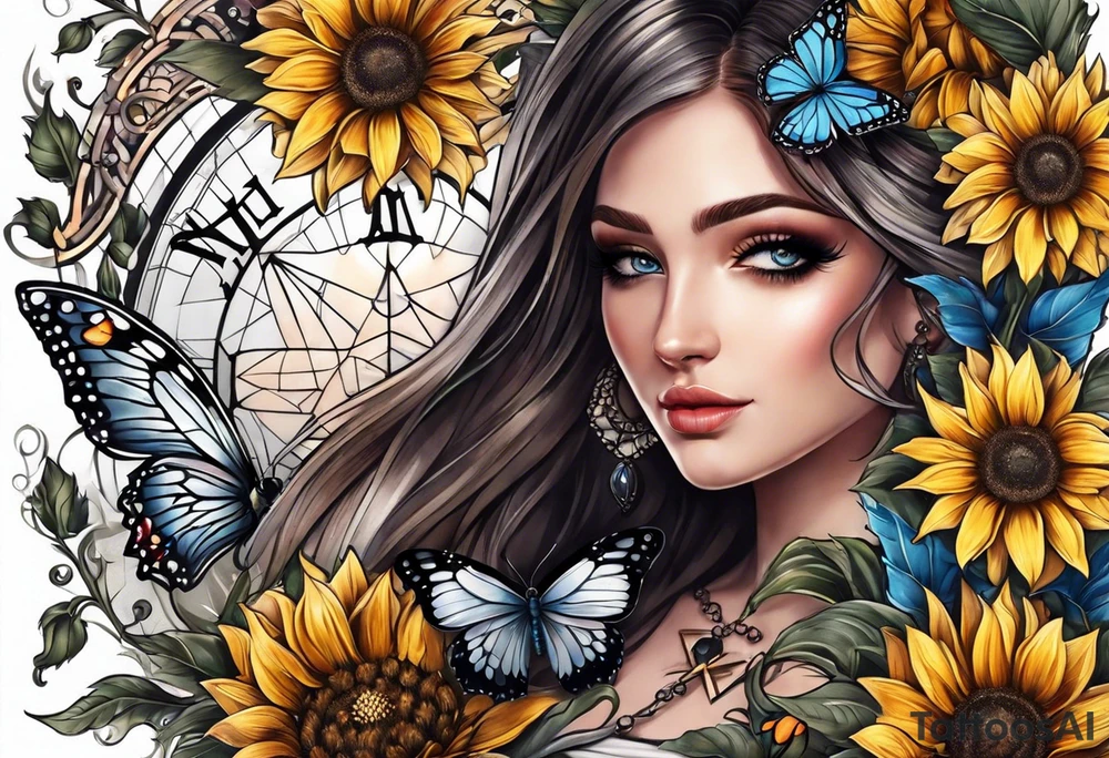 Arm sleeve with Winged cross with sunflower and butterflies tattoo idea