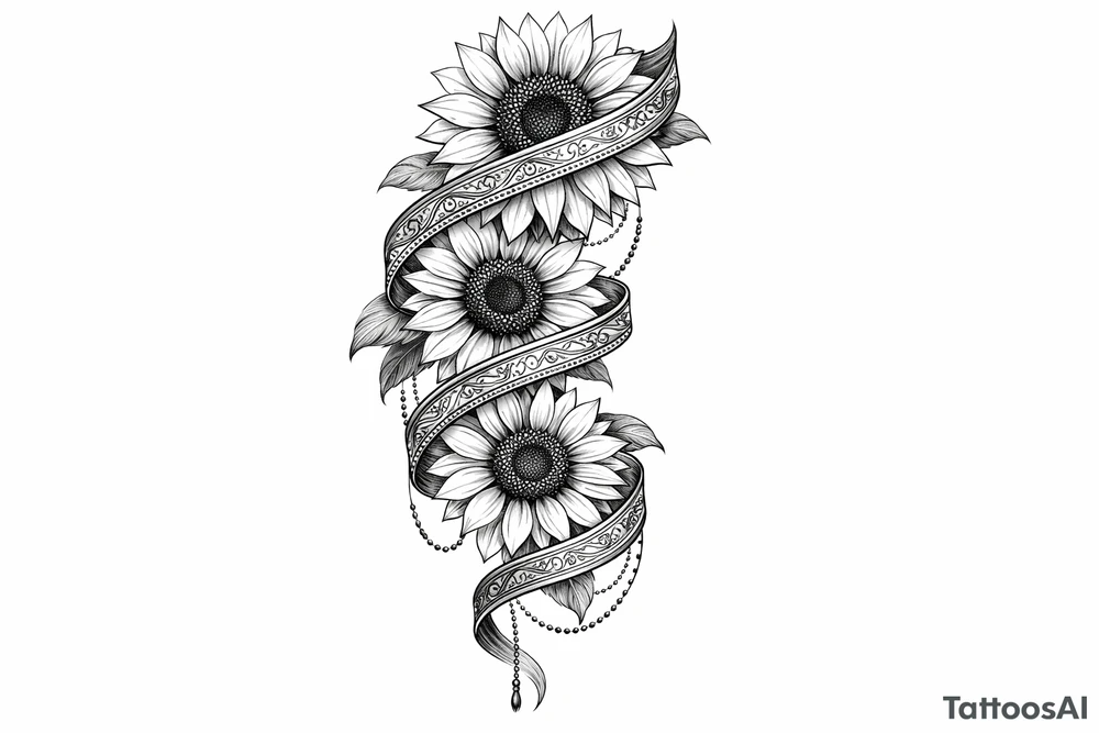 3 cascading Sunflowers wrapped in an Indian ribbon tattoo idea