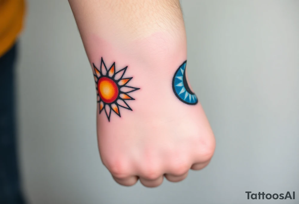 Matching sun and moon tattoos in warm orange and cool blue signify balance and harmony between father and kids. tattoo idea