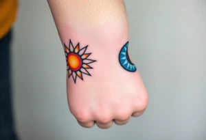 Matching sun and moon tattoos in warm orange and cool blue signify balance and harmony between father and kids. tattoo idea