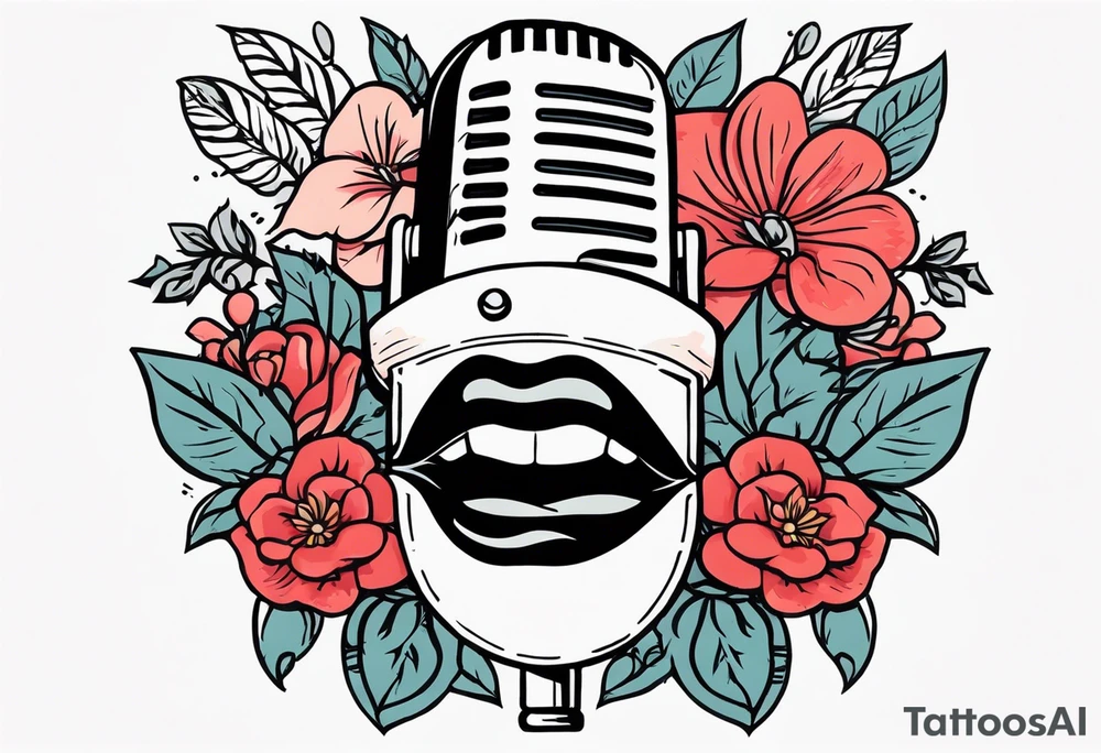 old school traditional vintage style design of lips singing into microphone with vintage flowers surrounding it tattoo idea