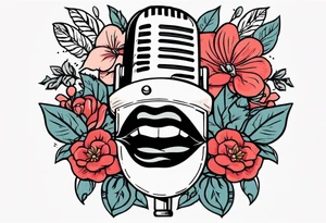 old school traditional vintage style design of lips singing into microphone with vintage flowers surrounding it tattoo idea