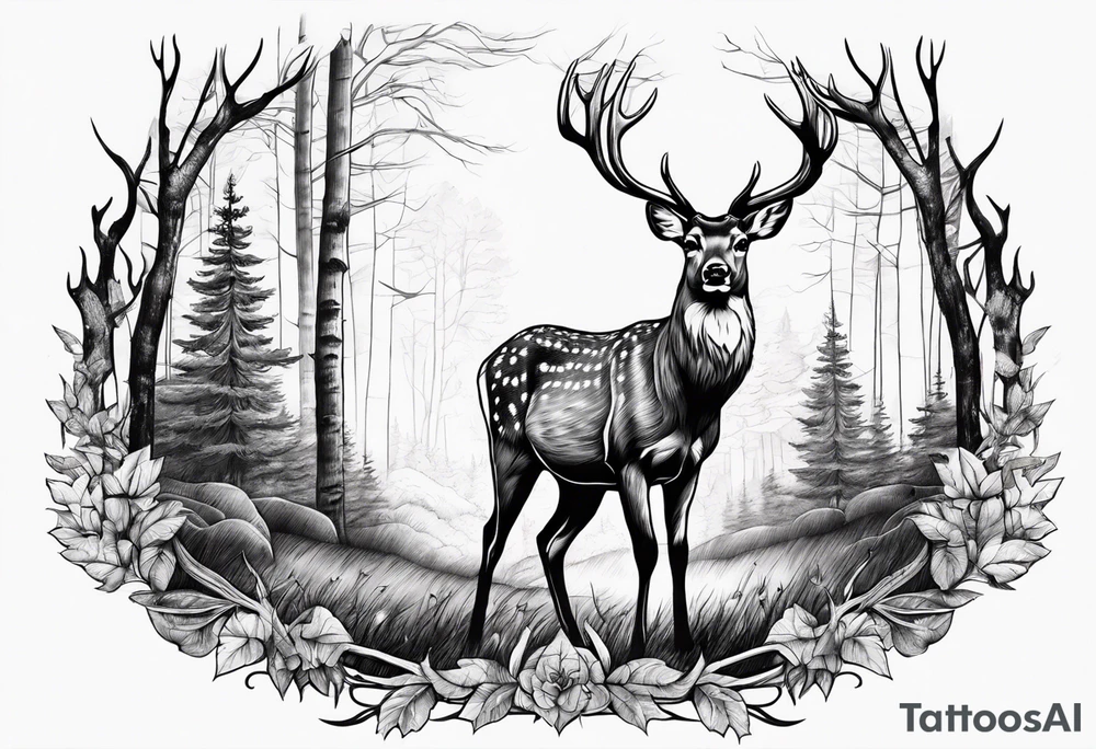 Deer in wood with big rack tattoo idea