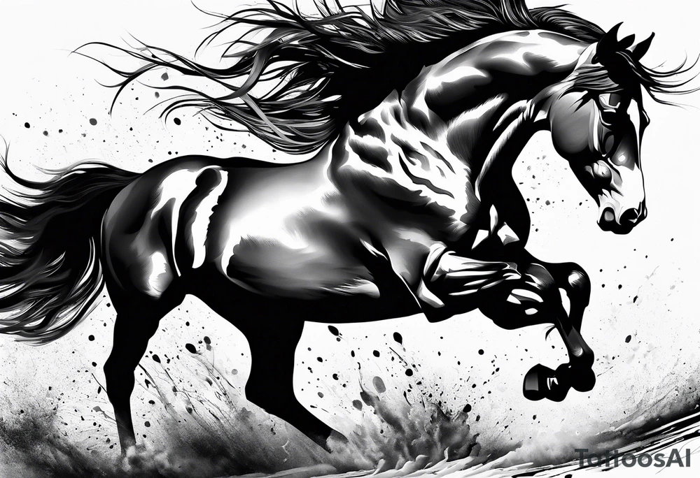 Mustang horse running along blood stomping tattoo idea