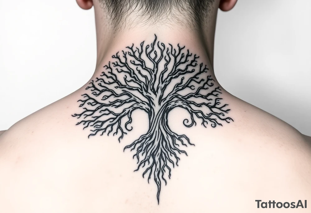 mystical tree of life with cosmic roots and celestial branches tattoo idea