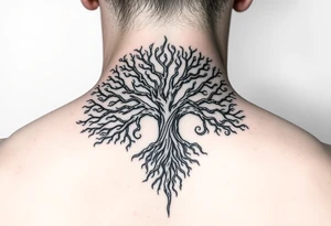 mystical tree of life with cosmic roots and celestial branches tattoo idea