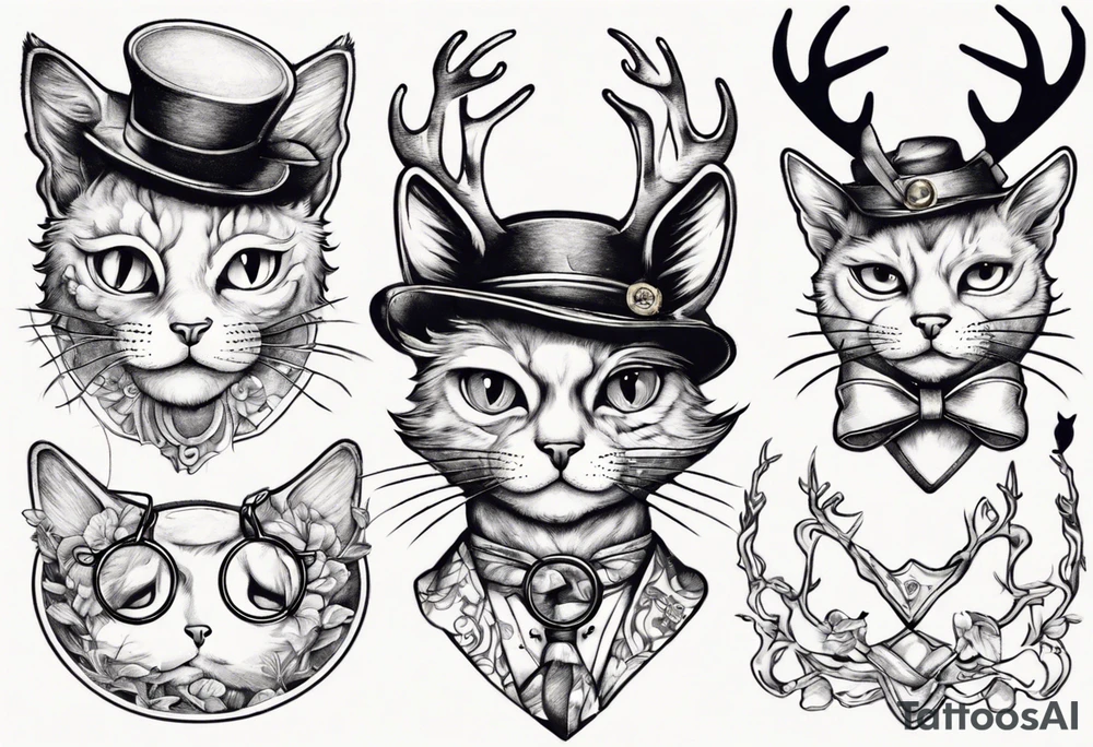 A cat with antlers and wearing a monocle tattoo idea