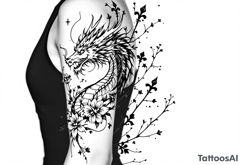 un dragon central entouré de fleurs de lys tattoo idea