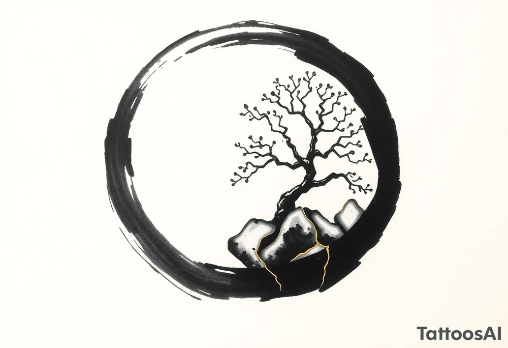 A Japanese‑inspired tattoo of a very thick Zen ensō circle, drawn with a bold, hand‑painted black ink brushstroke. The circle is imperfect and organic, with visible texture and subtle variation in line thickness. About the last quarter of the circle, near the top‑right, transforms into a cracked ceramic segment that has been repaired using kintsugi: visible broken pieces outlined and joined by thin, flowing gold lines. There should be a couple big pieces of ceramic and no small ones. The circle and the ceramic part should have the same thickness. The gold seams follow the natural fractures of the ceramic section, creating several branching cracks rather than a single line, clearly distinguishing this repaired portion from the rest of the smooth ink circle. The transition from ink to ceramic should feel natural, as if the painted circle solidifies into a fragile object that has been lovingly mended. The ceramic shall seamlessly flow into a rock from which a tree of life sprouts. Design it as a black and gray tattoo with a subtle metallic gold effect on the kintsugi seams, suitable for a medium‑sized placement on the back of the bicep. tattoo idea