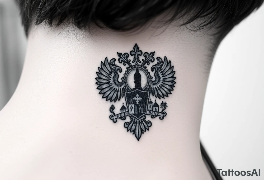 Traditional authentic Russian coat of arms with a Christian orthodox virgin marry in the middle and silhouette in a Russian wilderness Christian orthodoxy dome church village setting on the side of my neck tattoo idea